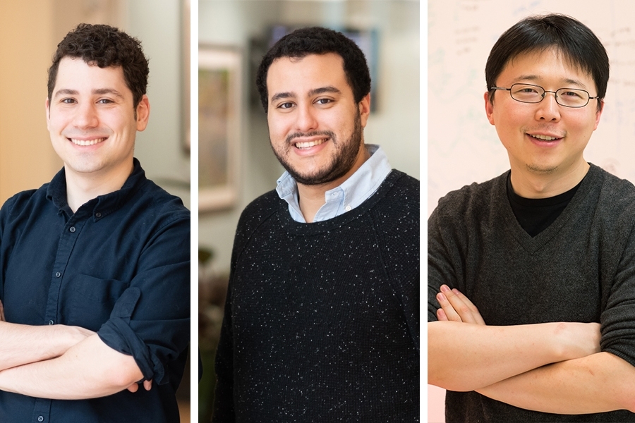 McGovern Institute Fellows Jonathan Gootenberg (far left) and Omar Abudayyeh and have developed a CRISPR research tool to detect Covid-19 with McGovern Investigator Feng Zhang (far right).
