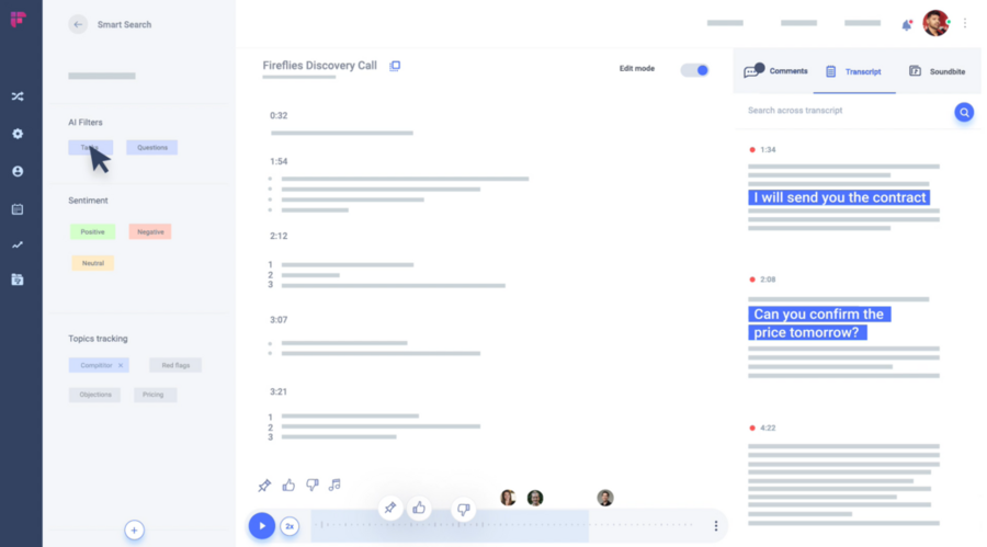 Fred joins Zoom, Google Meet, Skype, or Microsoft calls as a participant, silently transcribing and generating notes from the meeting. After the meeting, the AI assistant sends a full transcript to whomever the organizer chooses, allowing users to click on sections of the transcript to hear that part of the meeting audio. Users can also search the transcript and go through an hourlong meeting in f...