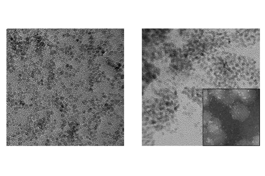 Transmission electron microscope images show the activity of different catalyst materials, iron sulfide (left) and iron sulfide doped with platinum (right). The latter was found to be a much more efficient catalyst, and was used for the team's experiments.