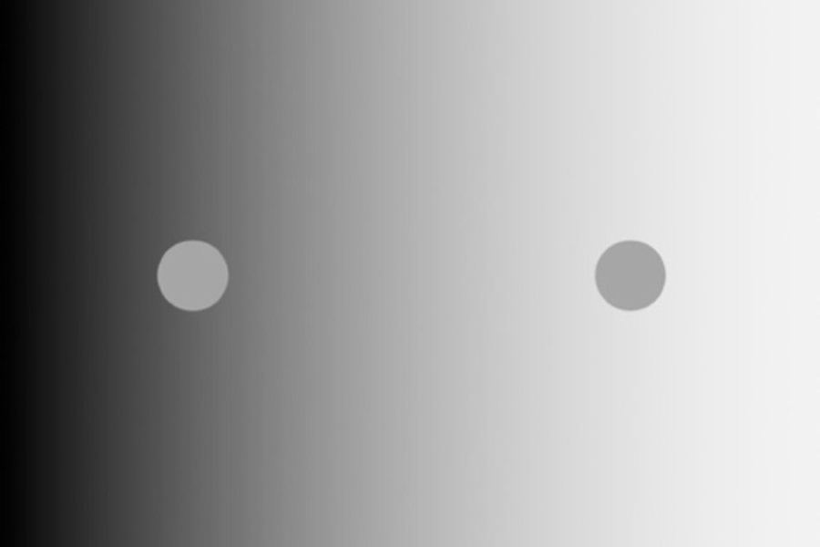 An MIT-led research team has discovered evidence that a classic visual illusion called simultaneous brightness contrast, such as the one seen here, relies on brightness estimation that takes place in the retina, not the brain’s visual cortex. In this image, the two small discs appear to have different brightness despite having identical luminance.