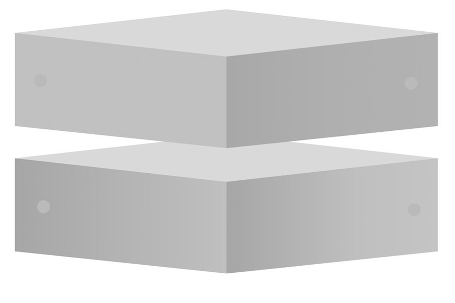 In this second example of simultaneous brightness contrast, two cuboids stacked one on top of the other look fairly similar, but they have different effects on identical dots placed on their faces. The upper cuboid makes the right dot look brighter, while the lower one makes the left dot appear brighter.
