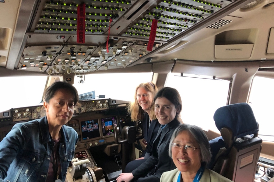 In her final year as a doctoral student at MIT, Jacqueline Thomas PhD ’20 joins the all-women crew of the Boeing ecoDemonstrator flight in the cockpit. Left to right: Ruth Morlas, Boeing test pilot; Thomas; Gail Barker, Boeing airport noise engineer; and Jeanne Yu, Boeing director of Technology Integration/ecoDemonstrator.