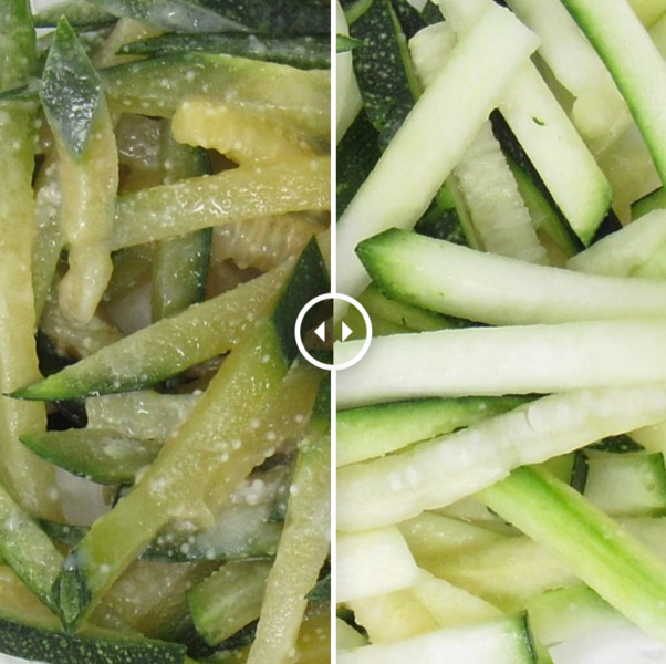 Veggie noodles without (left) and with Cambridge Crops' silk-based preservation treatment