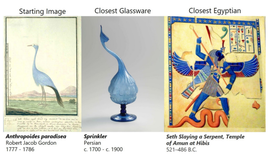 The machine learning system can uncover connections in whatever culture or media a user is interested in, such as finding the shared artistic form of “Anthropoides paradisea” and “Seth Slaying a Serpent, Temple of Amun at Hibis." 
The machine learning system can uncover connections in whatever culture or media a user is interested in, such as finding the shared artistic form of “Anthropoi...