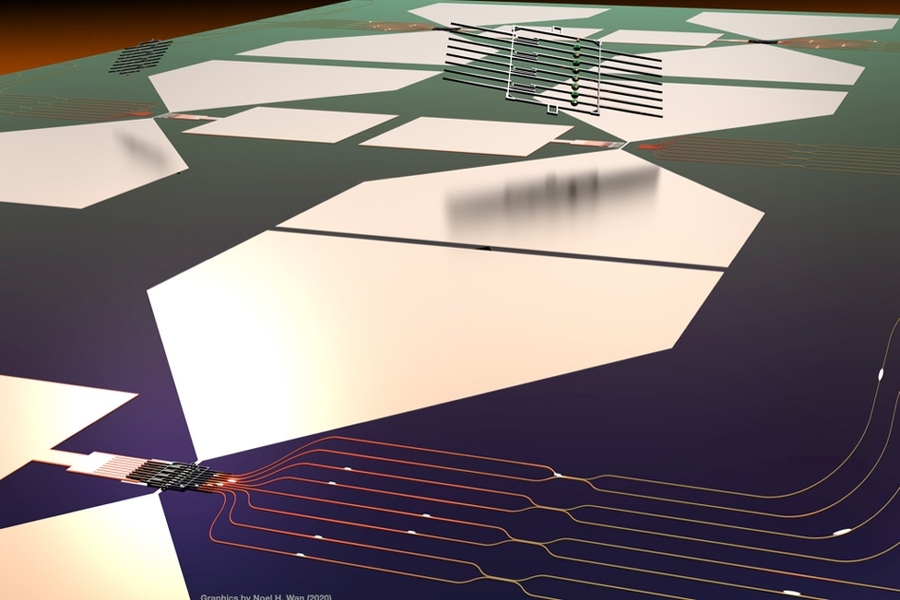 This graphic depicts a stylized rendering of the quantum photonic chip and its assembly process. The bottom half of the image shows a functioning quantum micro-chiplet (QMC), which emits single-photon pulses that are routed and manipulated on a photonic integrated circuit (PIC). The top half of the image shows how this chip is made: Diamond QMCs are fabricated separately and then transferred into ...