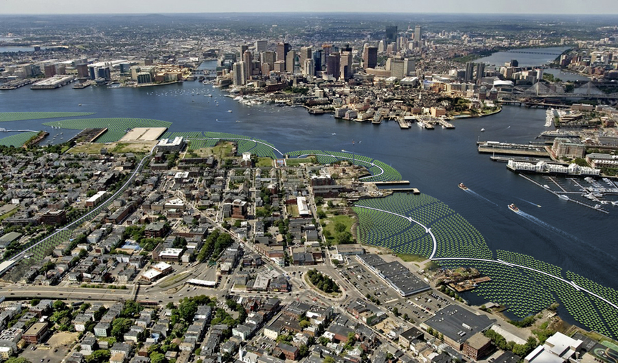 Conceptual image showing green dots in the water hugging the coastline of the Boston Harbor