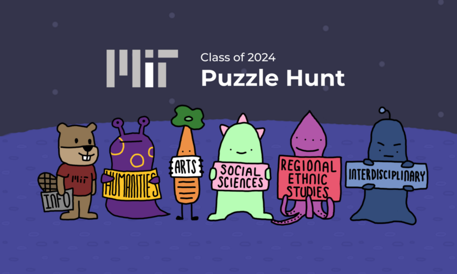 MIT puzzle hunt graphic featuring cartoon characters of: Tim the Beaver and animals holding cards listing HASS subjects