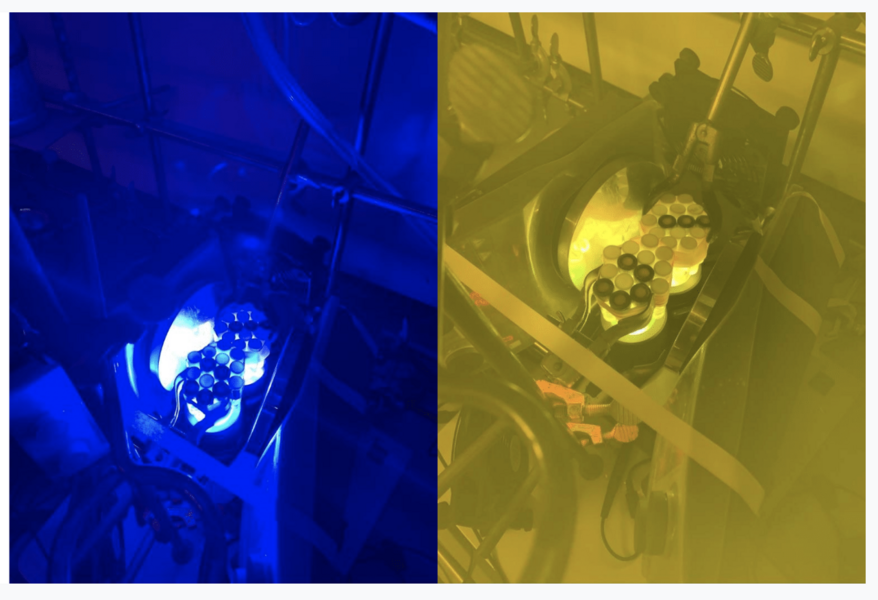 Two views of an experimental setup, one in blue and one in yellow