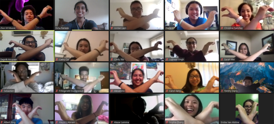 Five by four grid of first-year students crossing their arms in a team-building exercise on Zoom