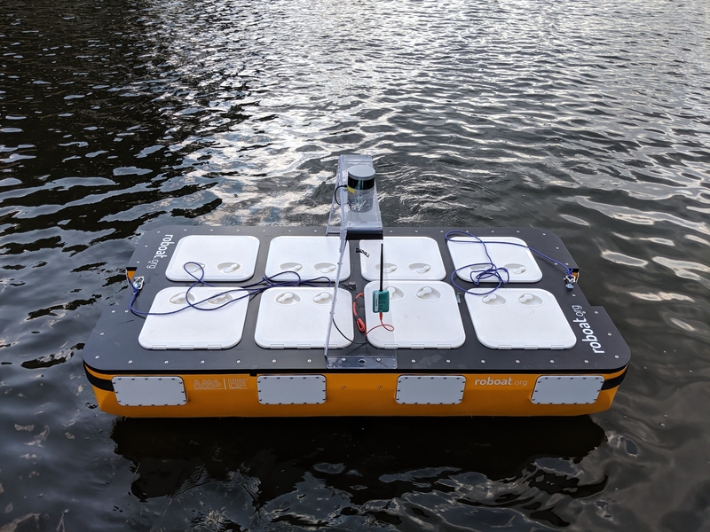 Close-up photo of the MIT autonomous boat Roboat II