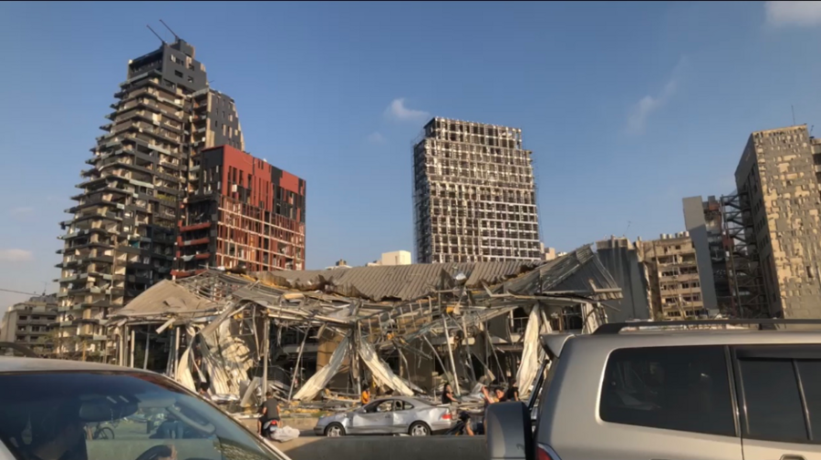 Photo of wrecked buildings and cars after the Beirut explosion