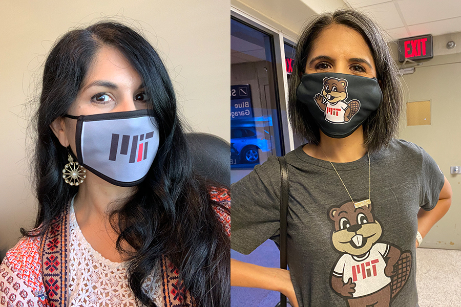 Photos of Kristina Milligan and Cecilia Archer wearing masks bearing the MIT logo and Tim the Beaver, respectively