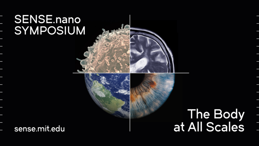 SENSE.nano poster featuring a circle divided into quadrants with a different image in each: a cell, a brain scan, Earth, a human eye