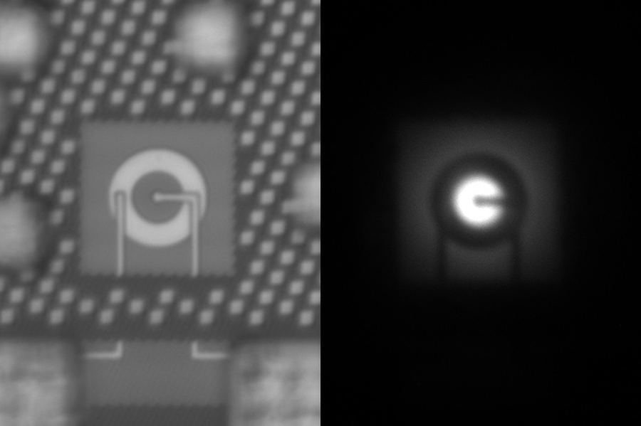 silicon LED switched on (left) and off