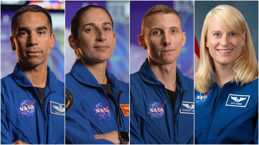 NASA publicity photos of astronauts Chari, Moghbeli, Hoburg, and Rubins