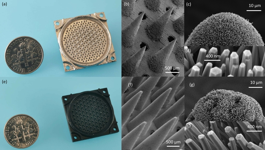 Split screen: Left: nanosatellite thrusters next to U.S. dimes (they are about twice as big as a dime); Right: electron micrograph close-up images of spikes on the nanothrusters, with further enlargements showing individual nanowires