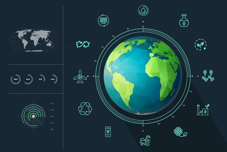 Three-part illustration featuring: a globe surrounded by icons representing industries, a flat projection of a world map, various percentages of an uncompleted task, a generic radar screen