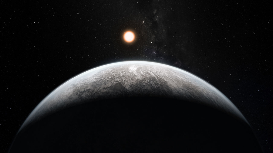Artist's conception of a super Earth exoplanet with its star in the background