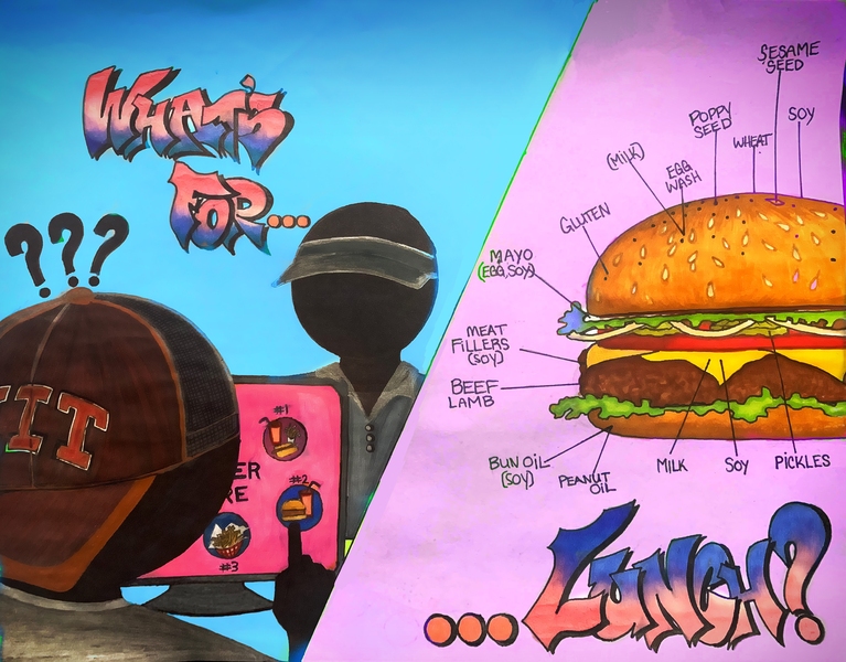 Split screen illustration: At left, the words "What's for..." above two students, one ordering food from a touchscreen; at right, a cheeseburger surrounded by callouts of potential allergens, with "...lunch?" below