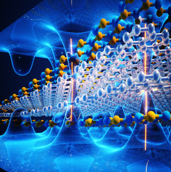 Illustration featuring a lattice of clear hexagons and a lattice of blue and yellow hexagons, superimposed on undulating waves