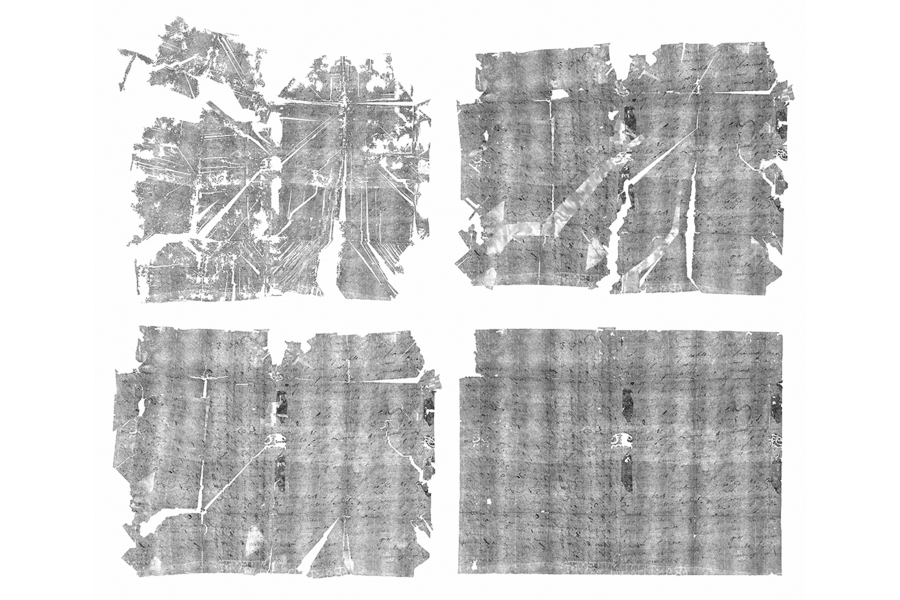Black and white scans of a flattened letter with faint handwriting on it