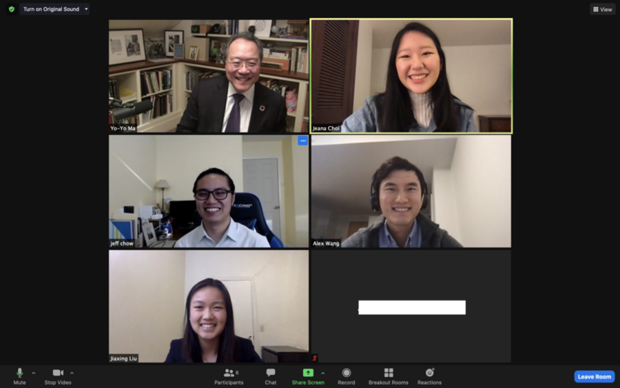 Screenshot of a Zoom conversation featuring Yo-Yo Ma, Jeana Choi, Jeff Chow, Alex Wang, and Jiaxing Liu, each in different windows