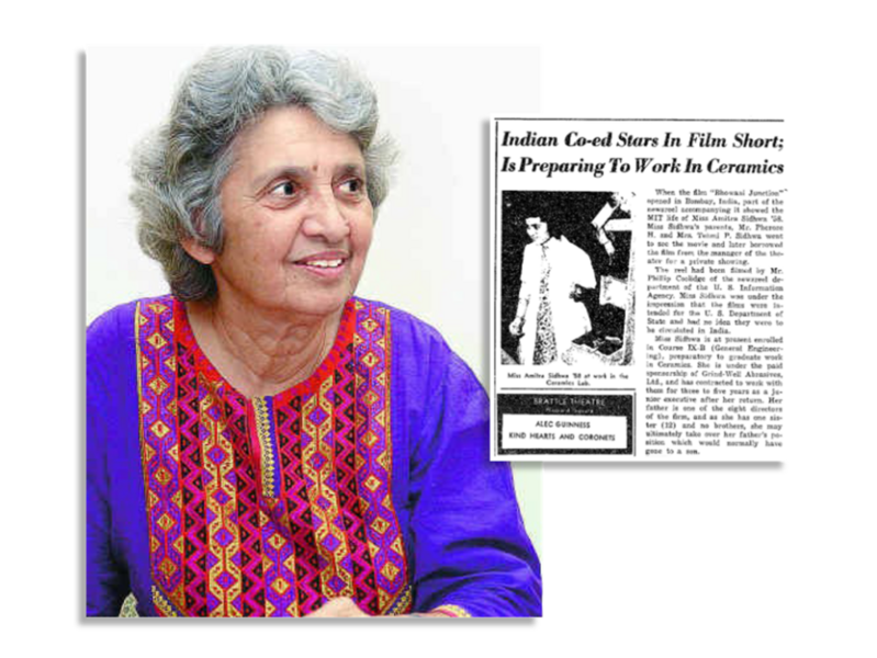 Photo of Almitra Patel with a newspaper clipping about her in the background