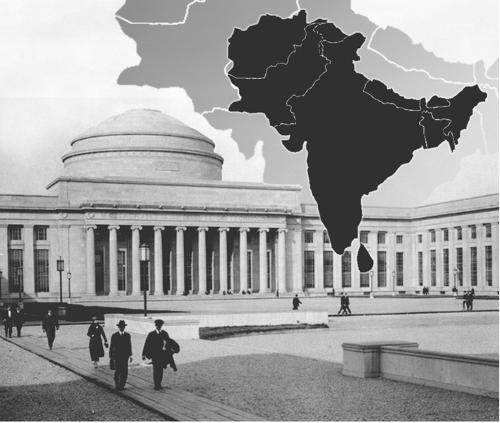 Black-and-while photo collage of MIT dome and people walking on Killian Court, and map of South Asia