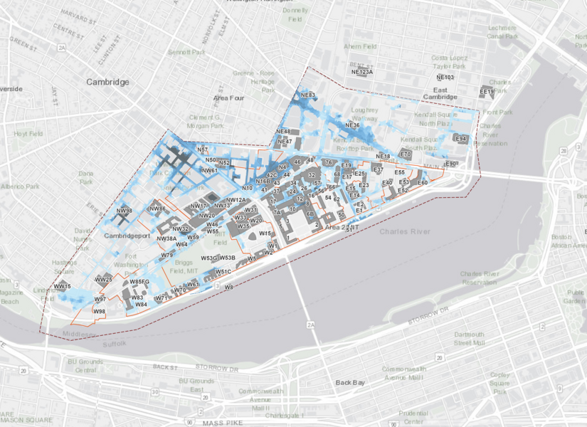 A street map of the MIT campus and environs with potential flood depths colored in deepening shades of blue
