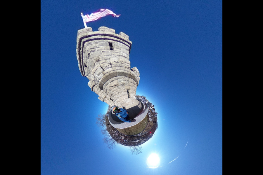 360-degree photo of the Prospect Hill Monument in Somerville gives it an eerie warped appearance.