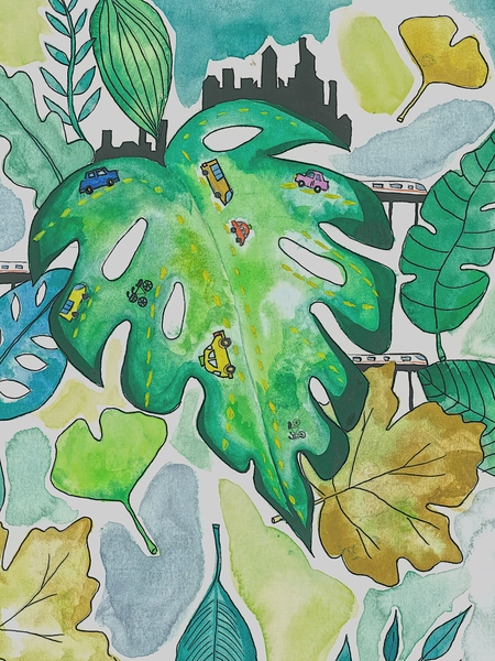 A cartoon drawing of a leaf with tiny cars driving on it
