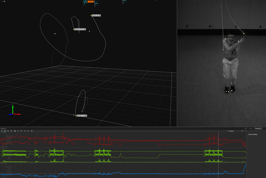 Screengrab of a mostly black computer program showing a black-and-white image of a man jumping rope, a representation of the track of the rope, and some other undefined graphed data on the bottom