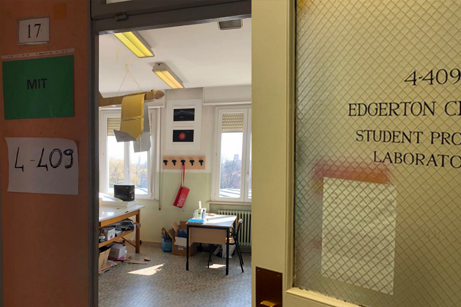 Split-screen photo: At left, the door to a classroom lab, outside which are posted signs saying "MIT" and "4-409." At right, a photo of a door with "4-409 Edgerton Center Student Project Laboratory" painted on glass