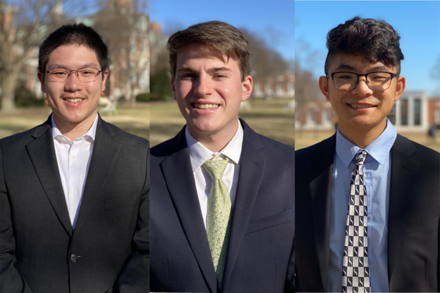 Portrait photos of Michael Lan, Bruce Enzmann, and Anson Zhou, each with some grass and a building in the background