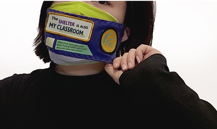 Woman with mask artwork with text saying "the shelter is also my classroom"