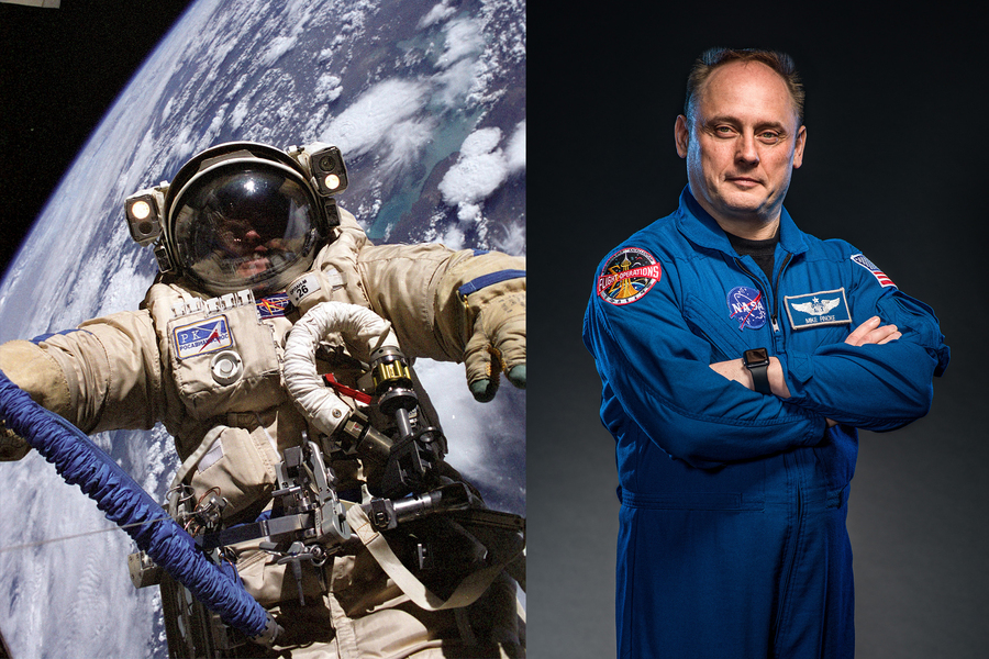 Side-by-side photos of Michael Fincke on spacewalk in a Russian spacesuit, and a portrait wearing a blue NASA jumpsuit
