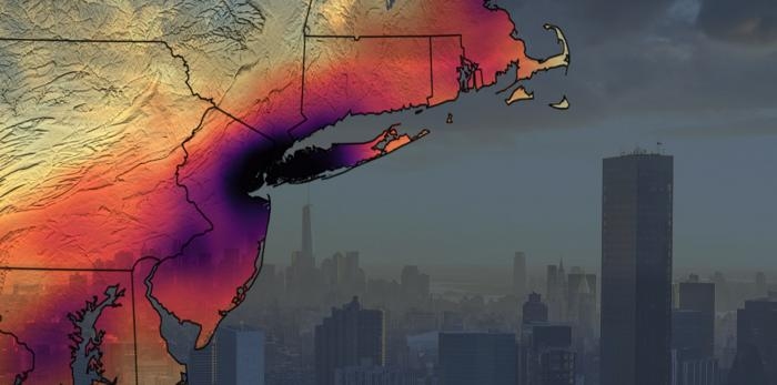 Overlay map of air pollution over the eastern United States, with an image of a smoggy city in the background