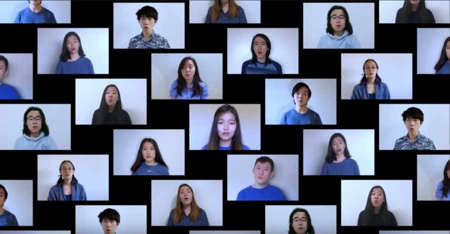 Music video screenshot showing about 20 rectangular boxes on a black background featuring MIT Syncopasian members singing
