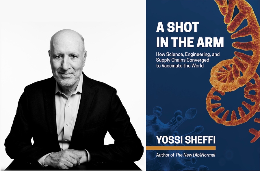 Black-and-white portrait photo of Yossi Sheffi next to the cover of his book, "A Shot in the Arm," which features microcope-style images representing a helical strand of RNA and the SARS-Cov-2 virus
