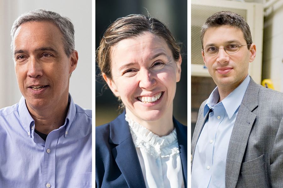 Three-way split-screen image featuring headshot photos of Dan Huttenlocher, Asu Ozdaglar and Jeffrey Grossman