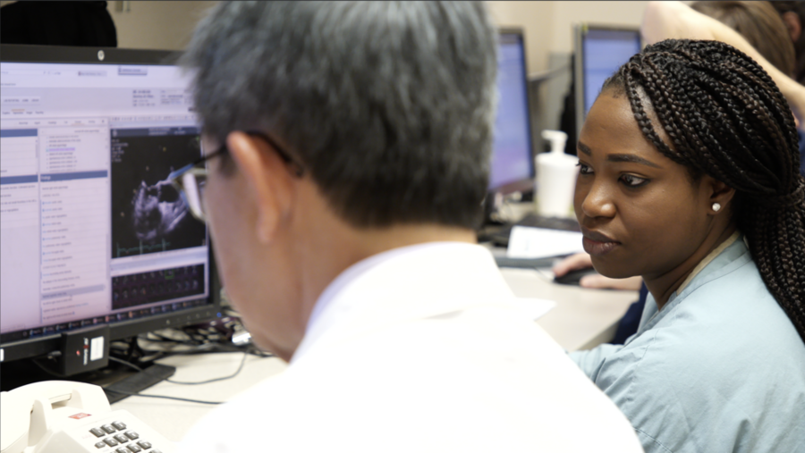 Photo of Demilade Adedinsewo looking at a computer monitor with an unidentified man sitting to her left
