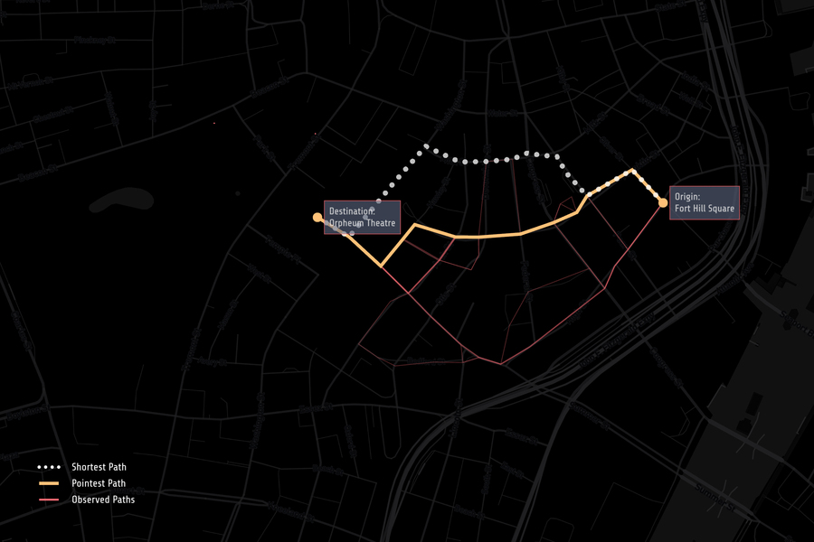 a map showing alternative routes to the same spot within a city