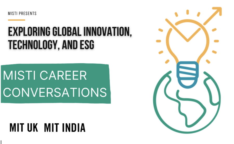 Logo for MISTI career conversations MIT-UK MIT-India shows a stylized light bulb atop a caricature Earth globe