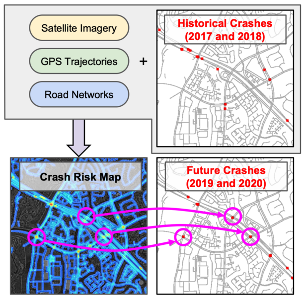 Road map of a small section of Boston showing historical crashes and predicted future crashes
