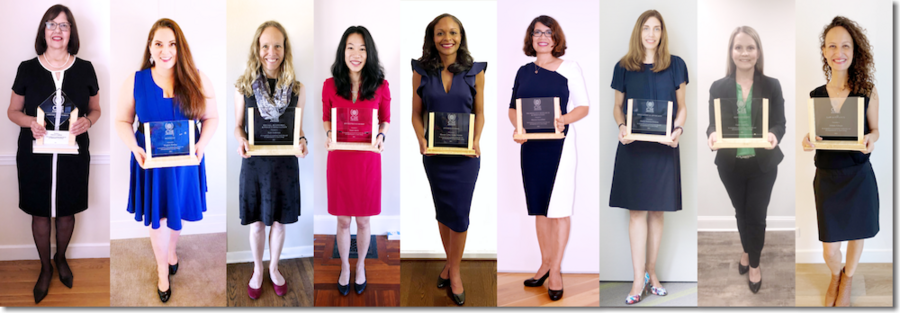 A row of nine photos of women holding square glass awards. 