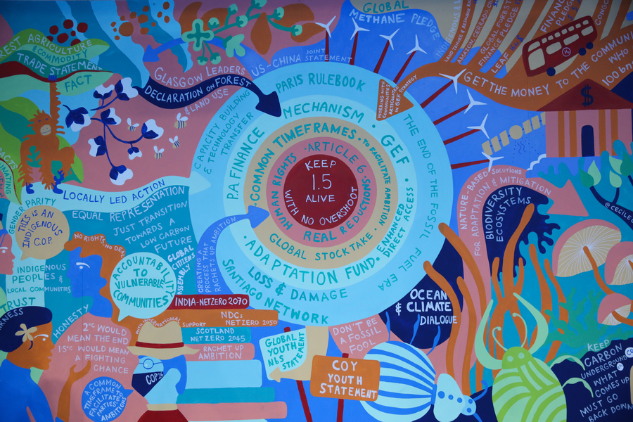 A colorful mural featuring slogans and terms related to climate action, plus images of nature, humans, and technologies. At the center of the mural are the words “keep 1.5 alive.”