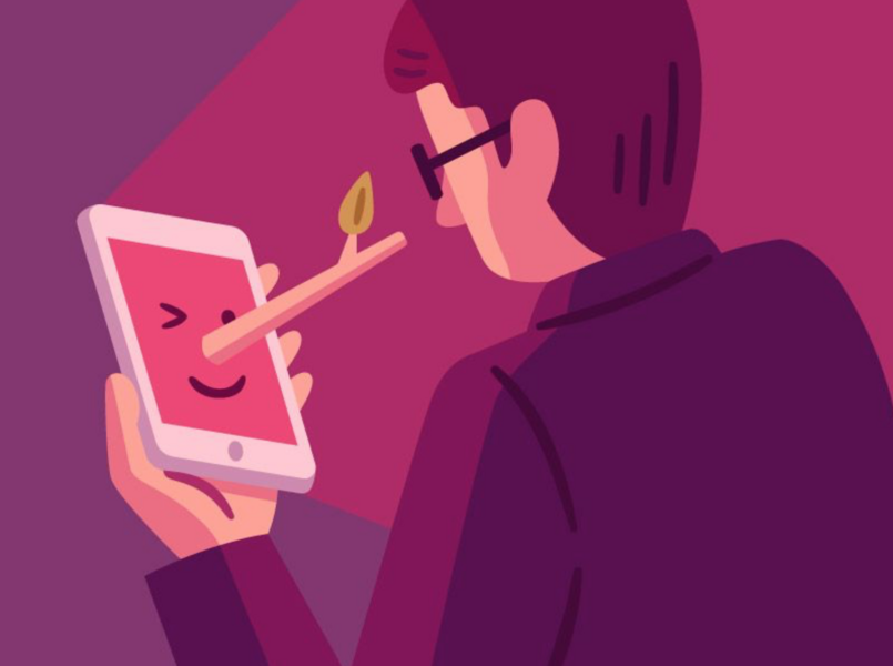Cartoon person looking at a phone that's winking and growing a long nose, to indicate it's lying