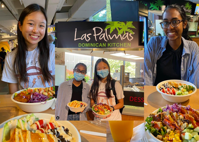 Photo of two MIT students smiling while enjoying a lunch from Las Palmas Restaurant in the MIT Student Center. In an inset photo, they are standing, masked, in front of a sign reading “Las Palmas Dominican Kitchen"