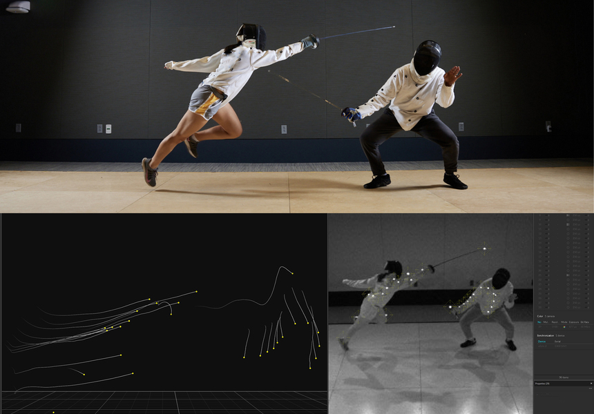 Top photo shows two fencers sparring in regular light. Bottom photo shows two fencers with infrared reflective markers on their bodies to track their movements