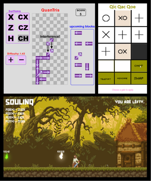 Three screenshots from three different games are shown; one game is Tetris-inspired, one is based on Tic Tac Toe, and the third appears to be an adventure-based platform game.